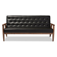 Baxton Studio BBT8013-Black Sofa Sorrento Mid-century Retro Black Leather Wooden 3-seater Sofa